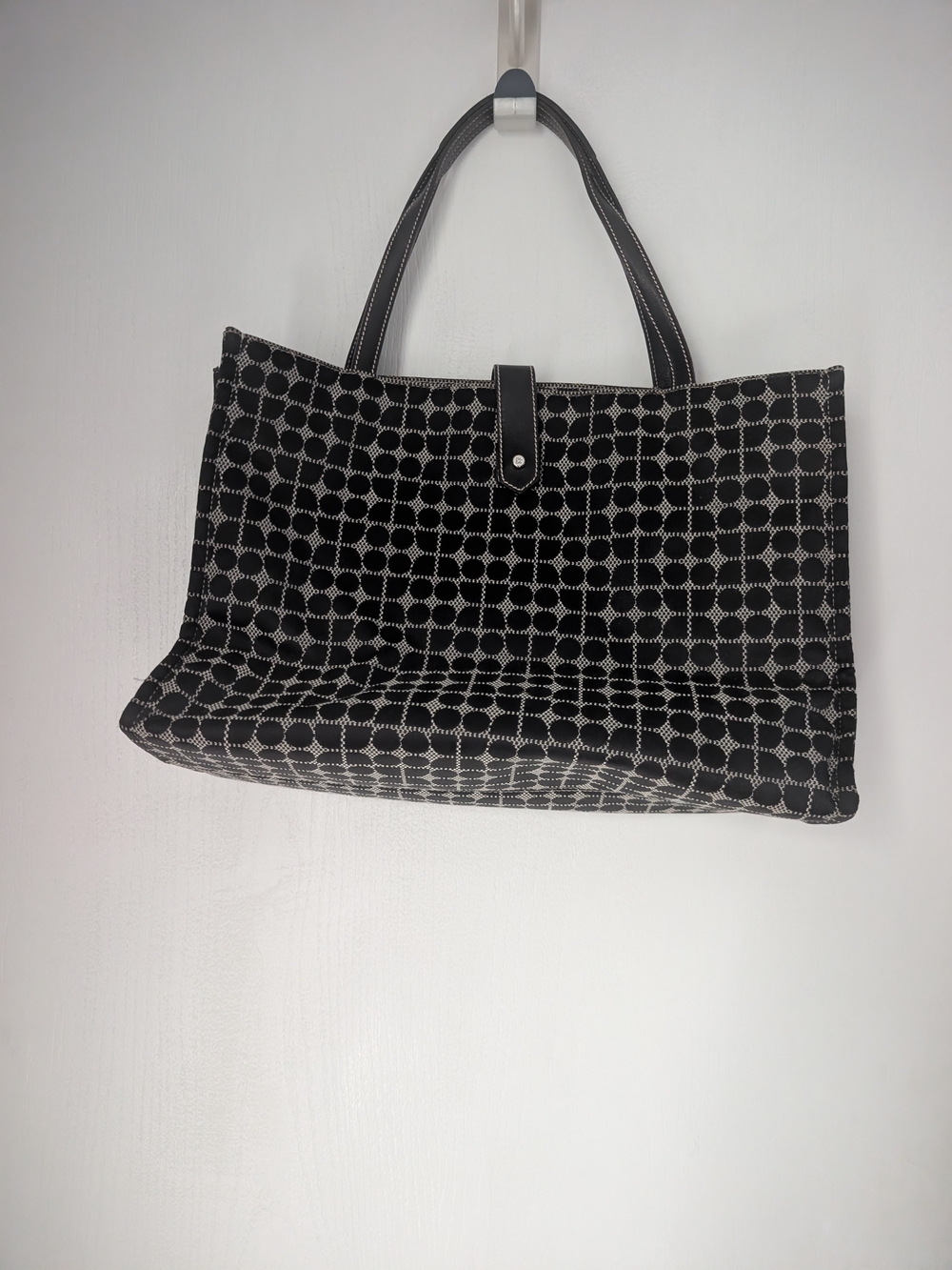Black Patterned Tote Bag with Top Snap Closure